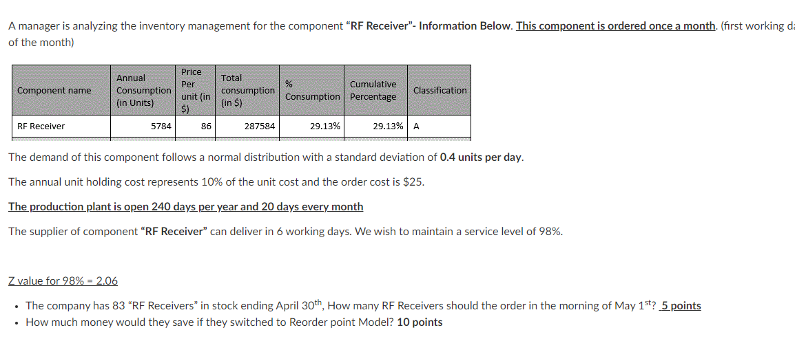 A manager is analyzing the inventory management