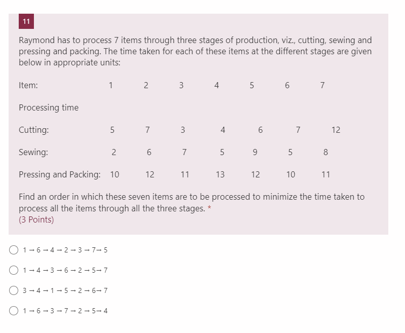 11 Raymond has to process 7 items through three