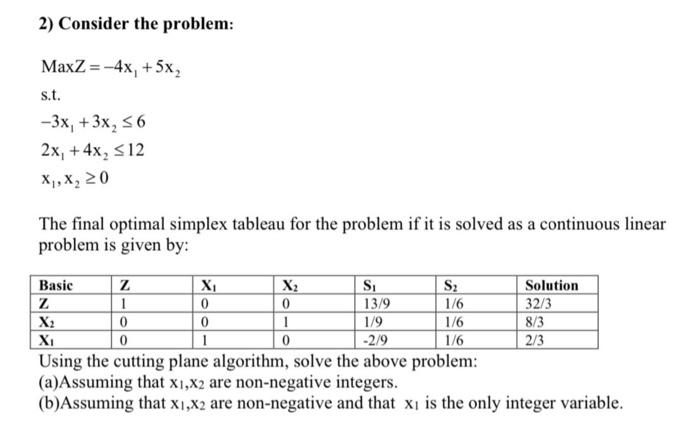 2) Consider the problem: MaxZ=-4x, +5x, s.t. -3x,