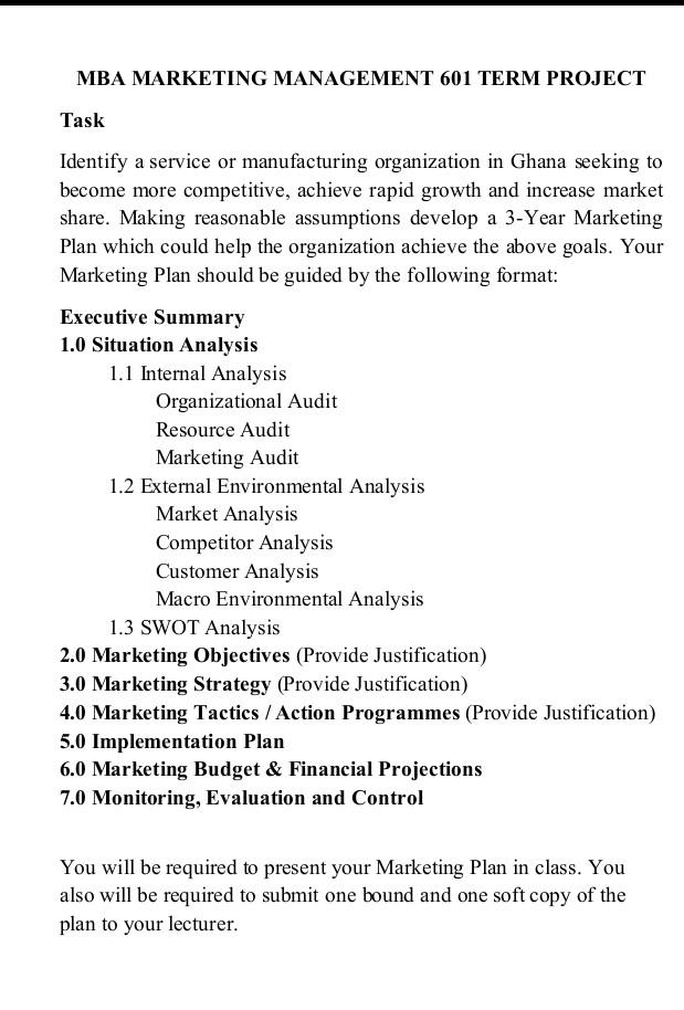 MBA MARKETING MANAGEMENT 601 TERM PROJECT Task