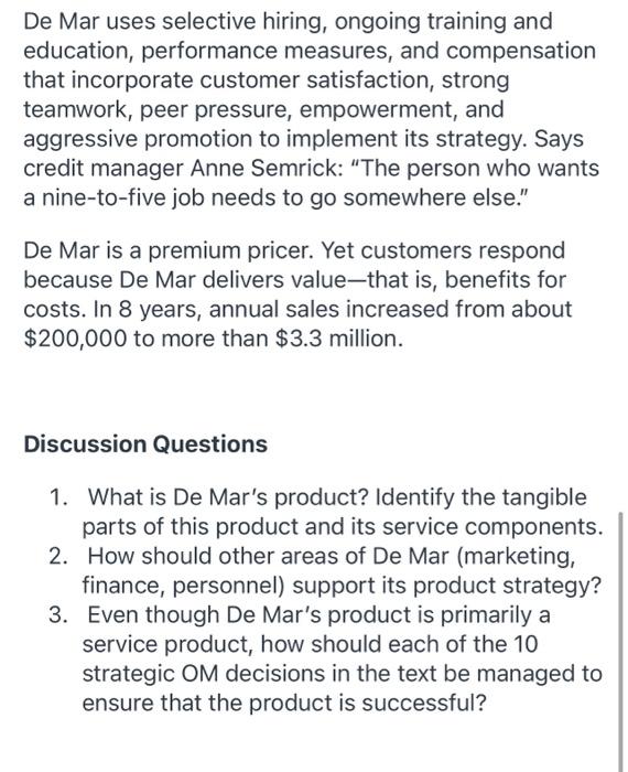 help me answer question 3 De Mar's Product