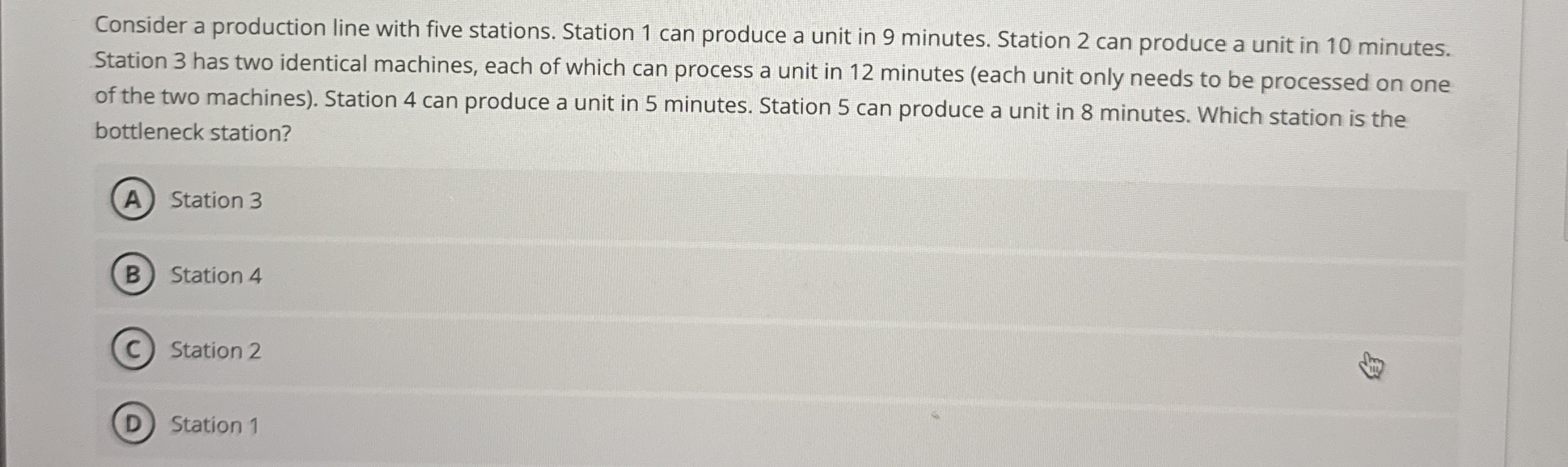 Consider a production line with five stations.