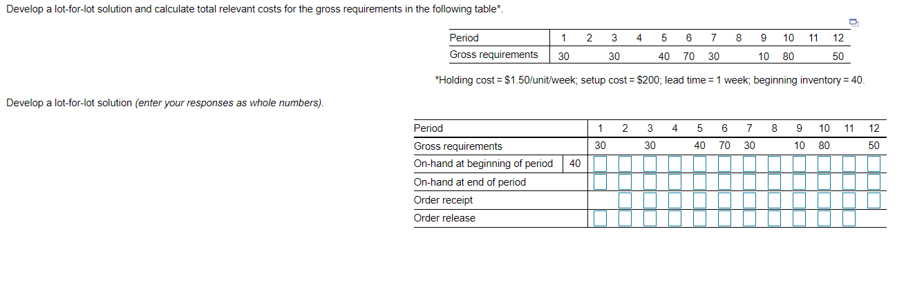 Develop a lot-for-lot solution and calculate
