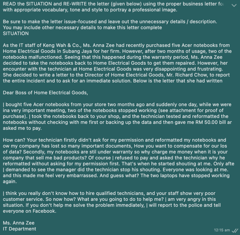 READ the SITUATION and RE-WRITE the letter (given