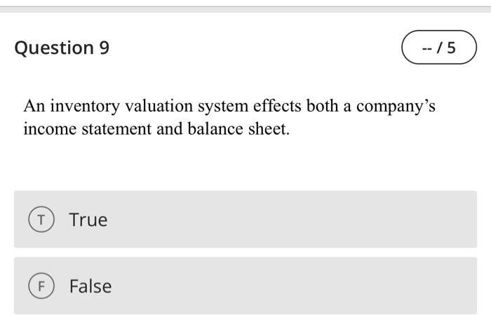 Question 9 -- / 5 An inventory valuation system