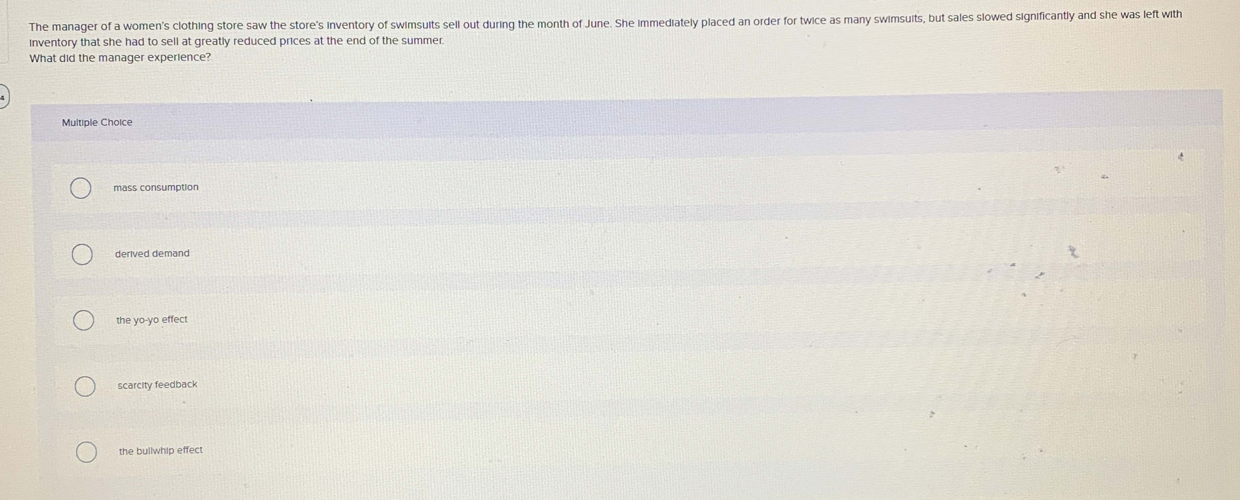 inventory that she had to sell at greatly reduced