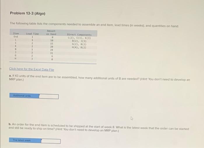 Problem 13-3 (Algo) The following table the