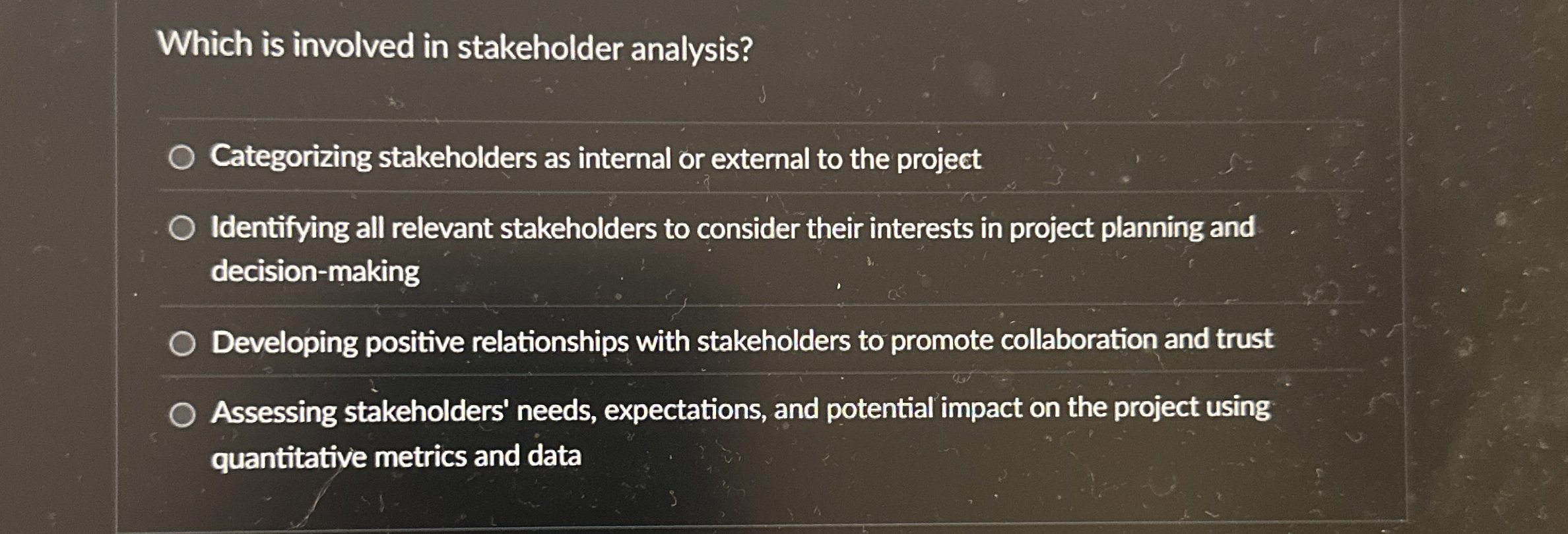 Which is involved in stakeholder analysis?