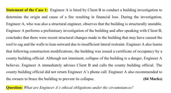 full answer Statement of the Case 1: Engineer A