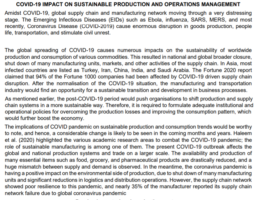 COVID-19 IMPACT ON SUSTAINABLE PRODUCTION AND