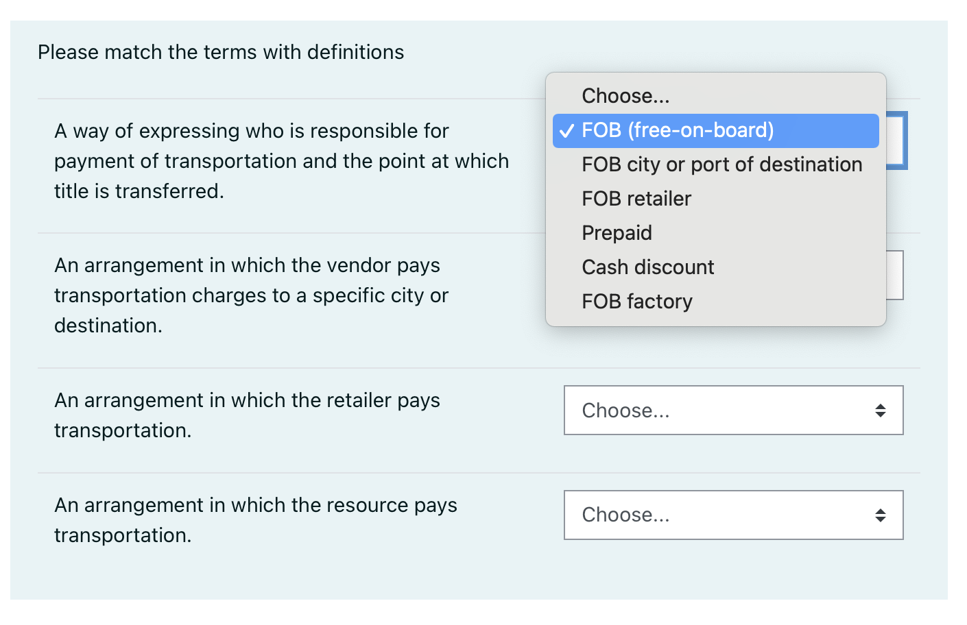 Please match each with their corresponding