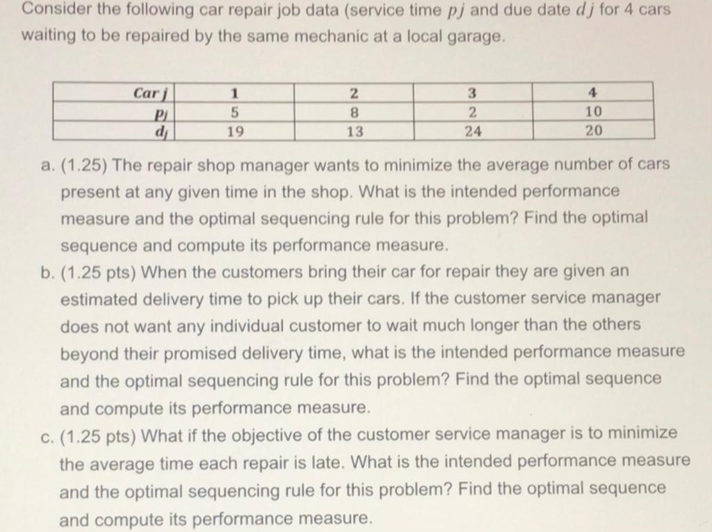 Consider the following car repair job data