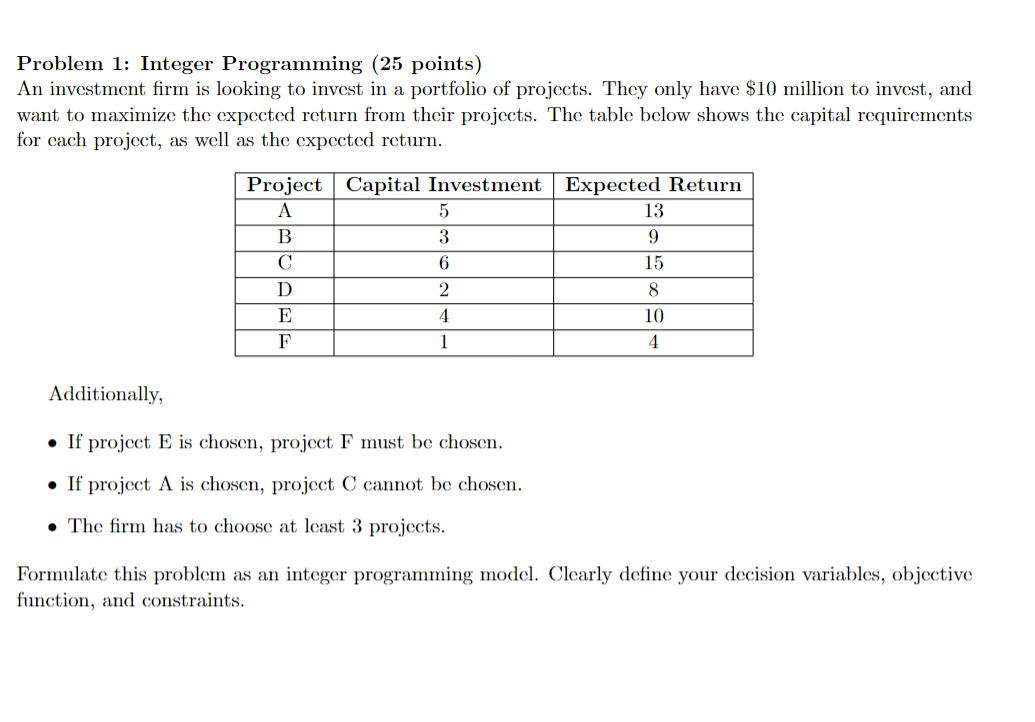 Problem 1 : Integer Programming ( 2 5 points ) An