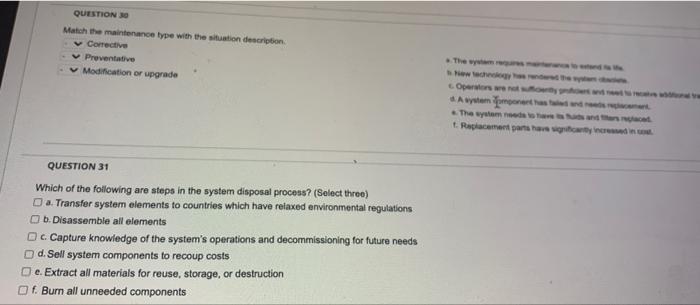 QUESTIONS Match the maintenance type with the
