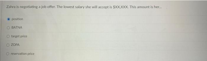 Zahra is negotiating a job offer. The lowest