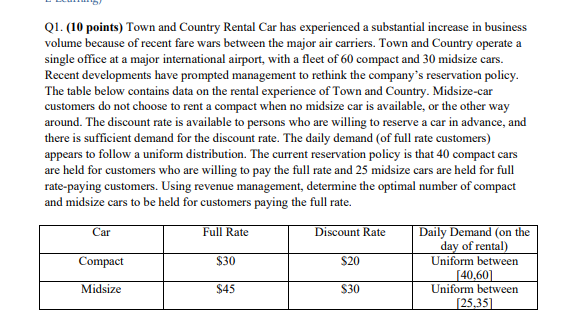 Q 1 . ( 1 0 points ) Town and Country Rental Car