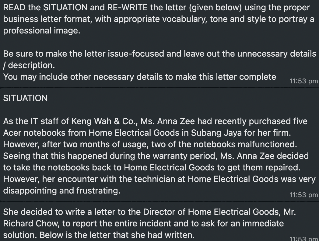 READ the SITUATION and RE-WRITE the letter (given