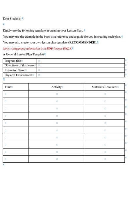 please do a general lesson plan template for