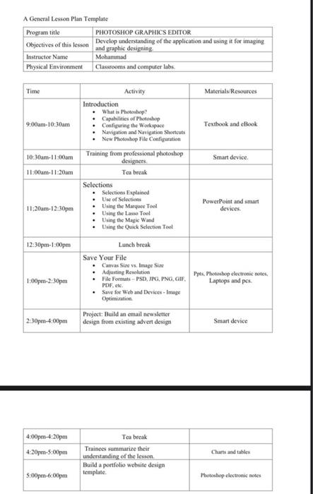 please do a general lesson plan template for
