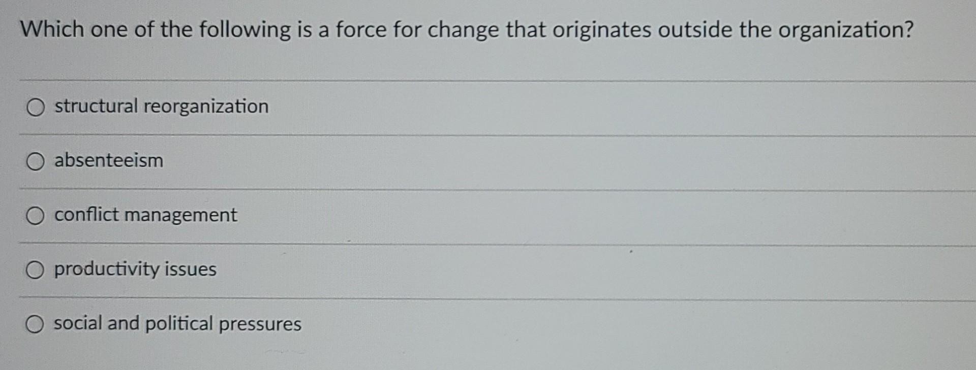 MGMT1010 is (are) an inside force for change.