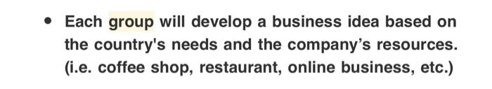 Each group will develop a business idea based on