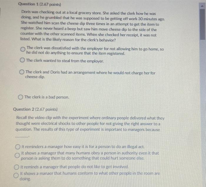 Question 1 (2.67 points) Doris was checking out