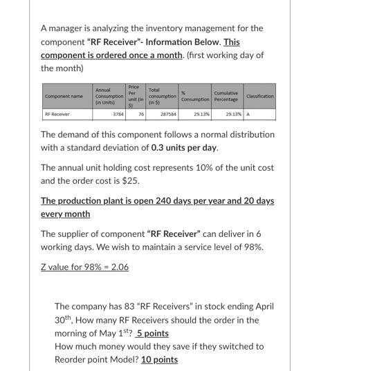 A manager is analyzing the inventory management