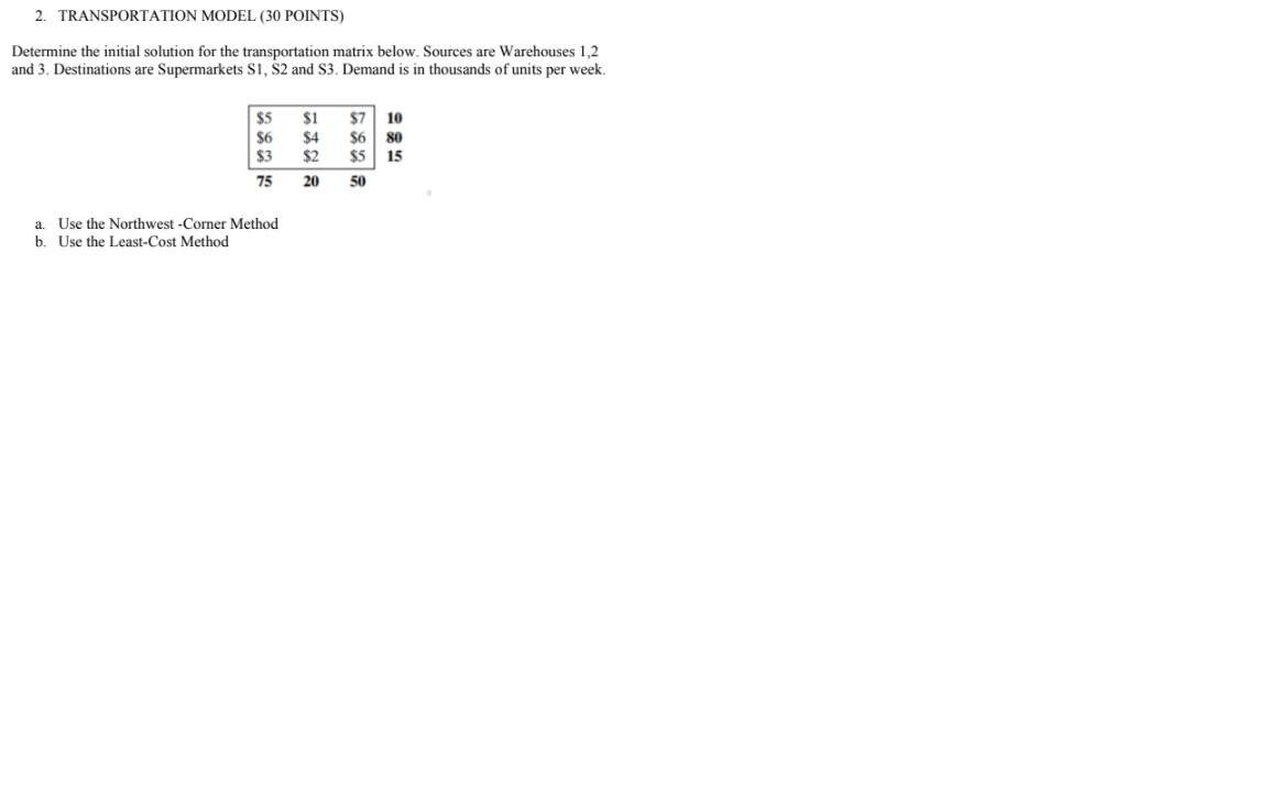 2. TRANSPORTATION MODEL (30 POINTS) Determine the