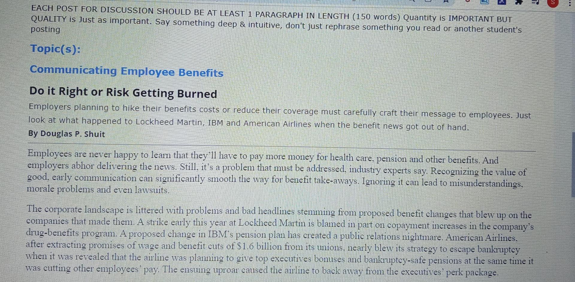 TH EACH POST FOR DISCUSSION SHOULD BE AT LEAST 1