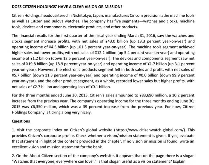 DOES CITIZEN HOLDINGS' HAVE A CLEAR VISION OR