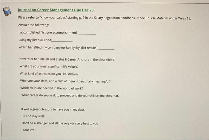 Journal on Career Management Due Dec 20 Please