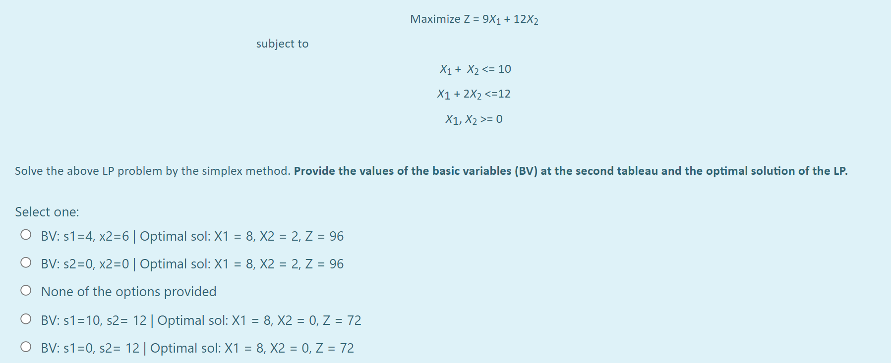 Maximize Z = 9X1 + 12X2 subject to X1 + X2