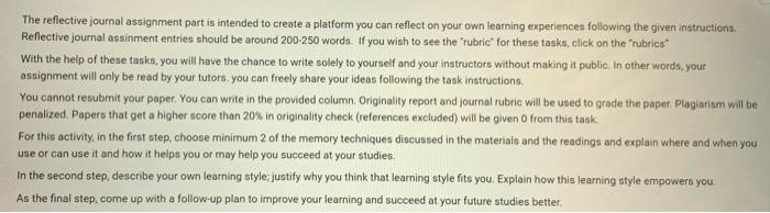 The reflective journal assignment part is