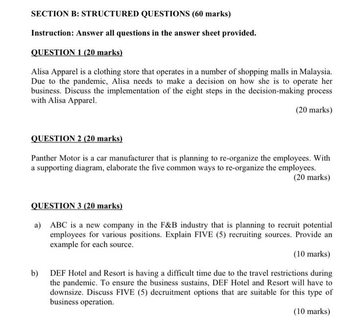 SECTION B: STRUCTURED QUESTIONS (60 marks)