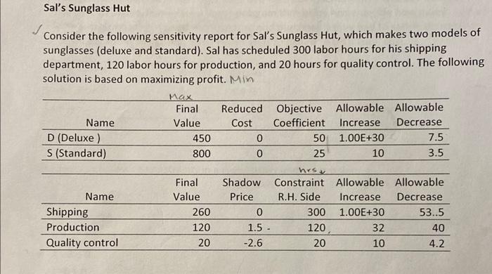 answer the question please Sal's Sunglass Hut