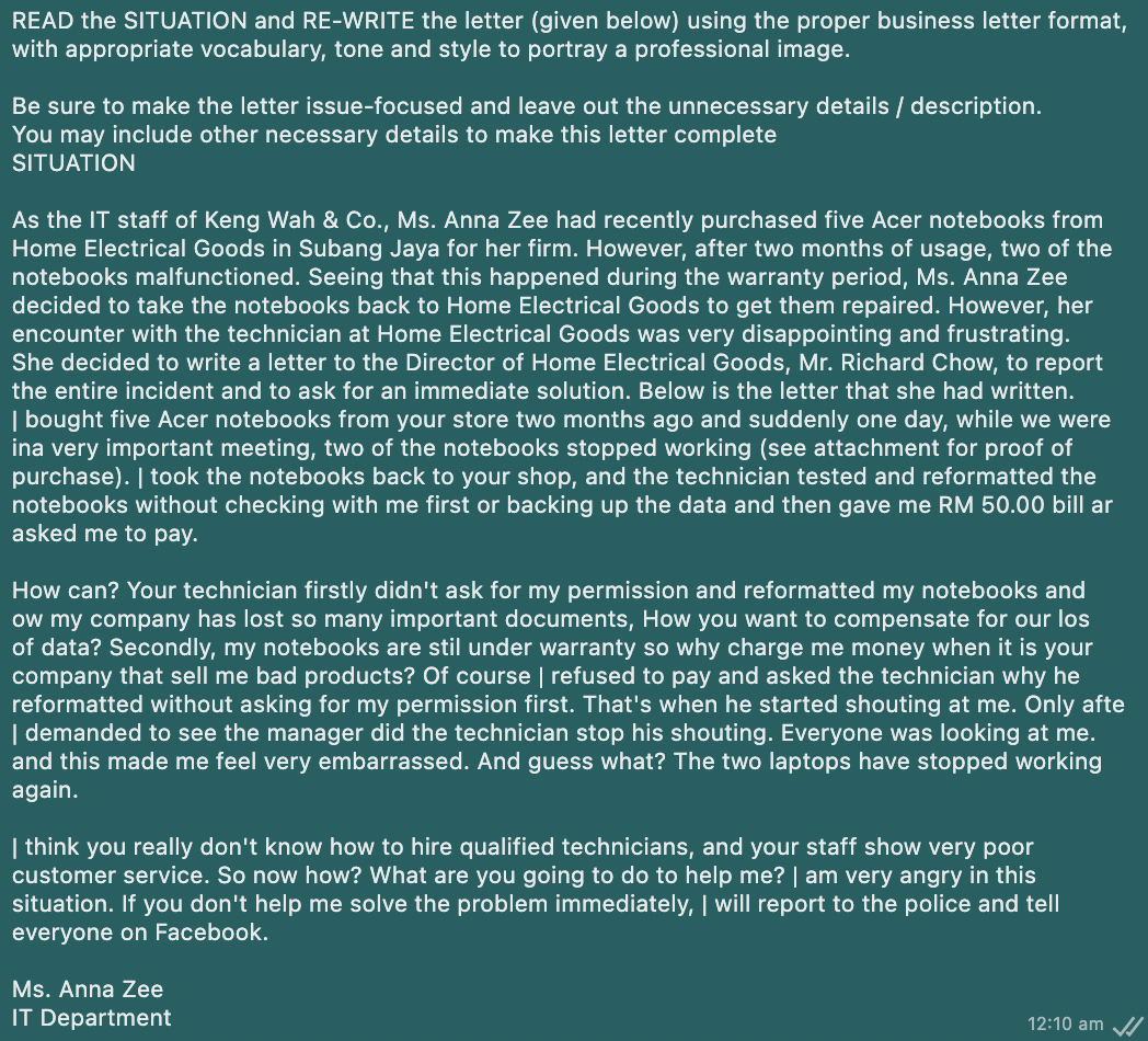 READ the SITUATION and RE-WRITE the letter (given