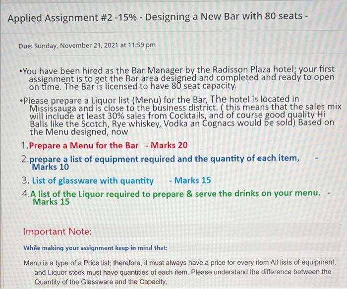 Applied Assignment #2 -15% - Designing a New Bar