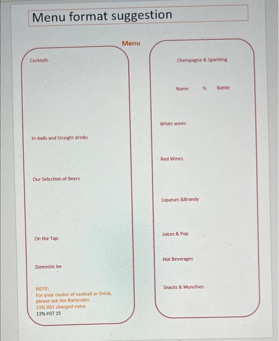 Applied Assignment #2 -15% - Designing a New Bar