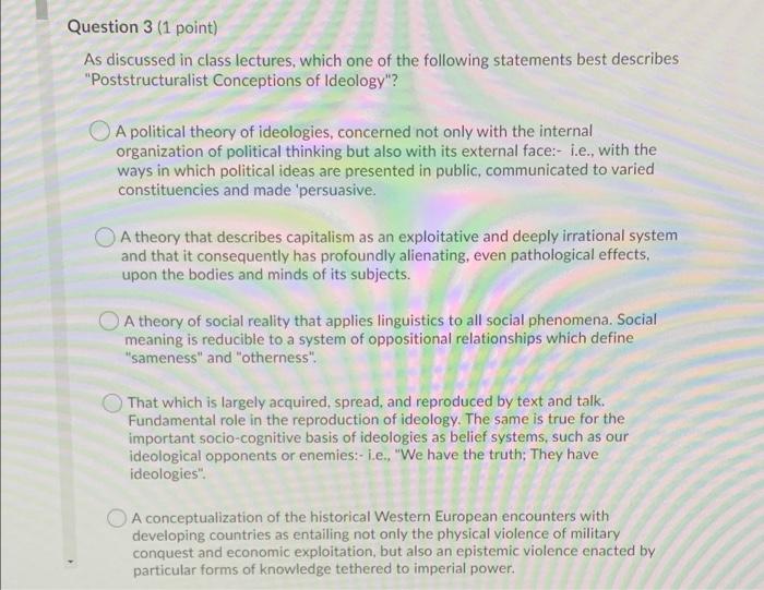 Question 3 (1 point) As discussed in class