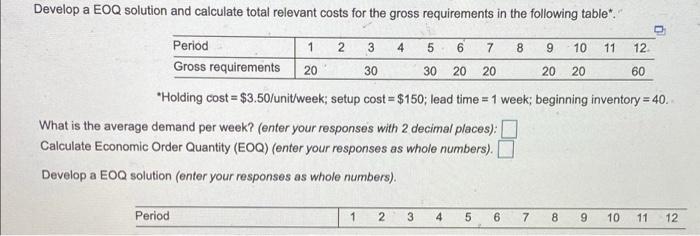 Develop a EOQ solution and calculate total