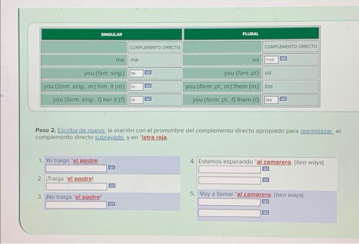 SINGULAR PLURAL COMPLEMENTO DIRECTO COMPLEMENTO