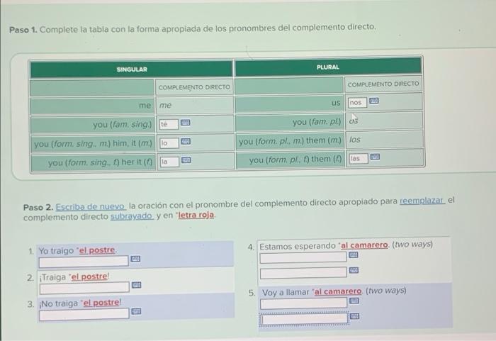 SINGULAR PLURAL COMPLEMENTO DIRECTO COMPLEMENTO