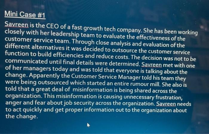 Mini Case #1 Savreen is the CEO of a fast growth