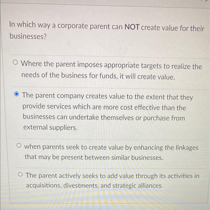In which way a corporate parent can NOT create