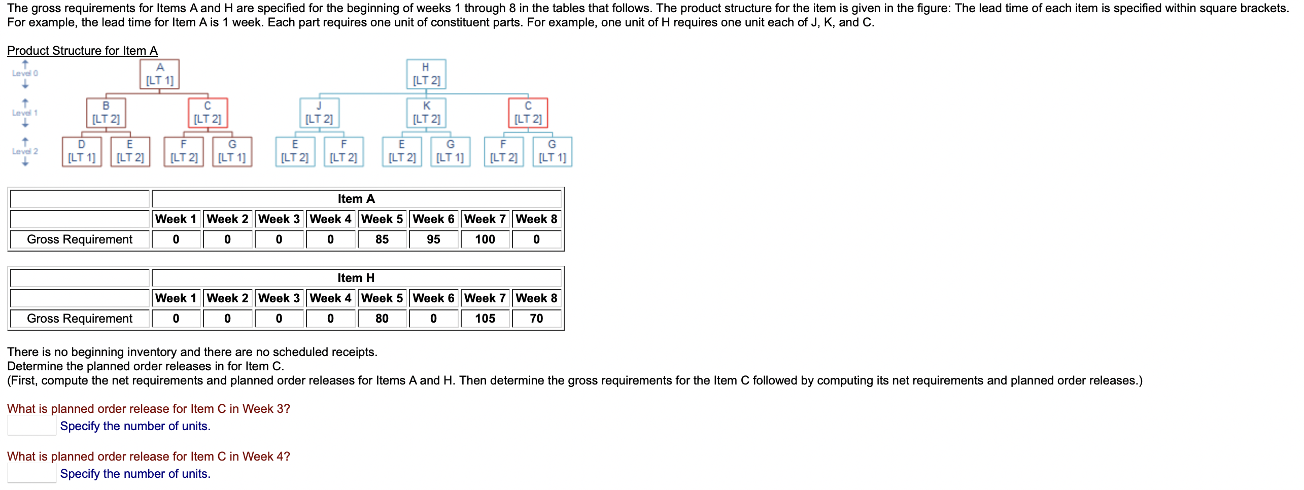 For example, the lead time for Item A is 1 week.