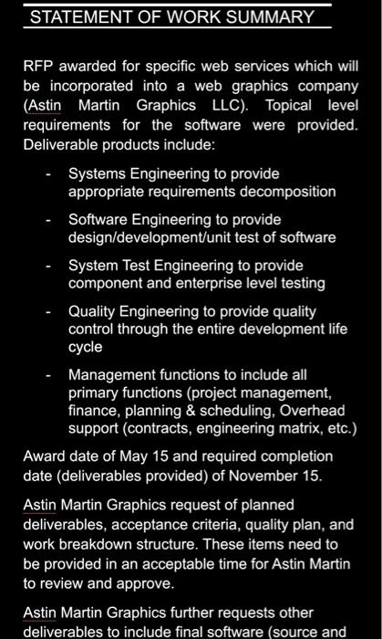 STATEMENT OF WORK SUMMARY RFP awarded for