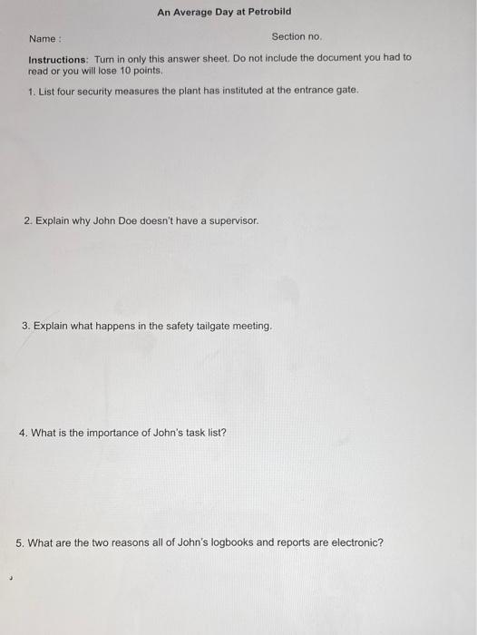 ASSIGNMENT 6 AN AVERAGE DAY AT PETROBILD The