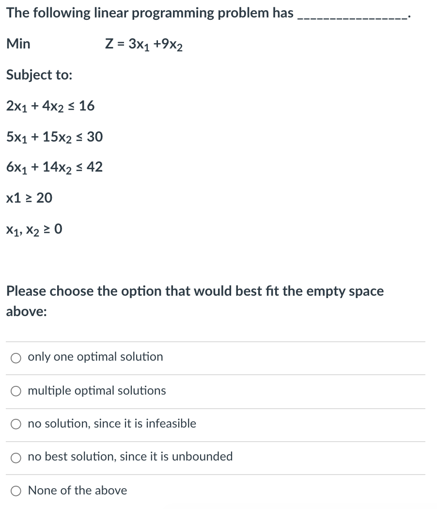 The following linear programming problem has