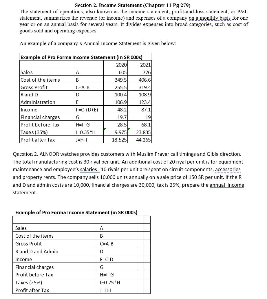 Section 2. Income Statement (Chapter 11 Pg 279)