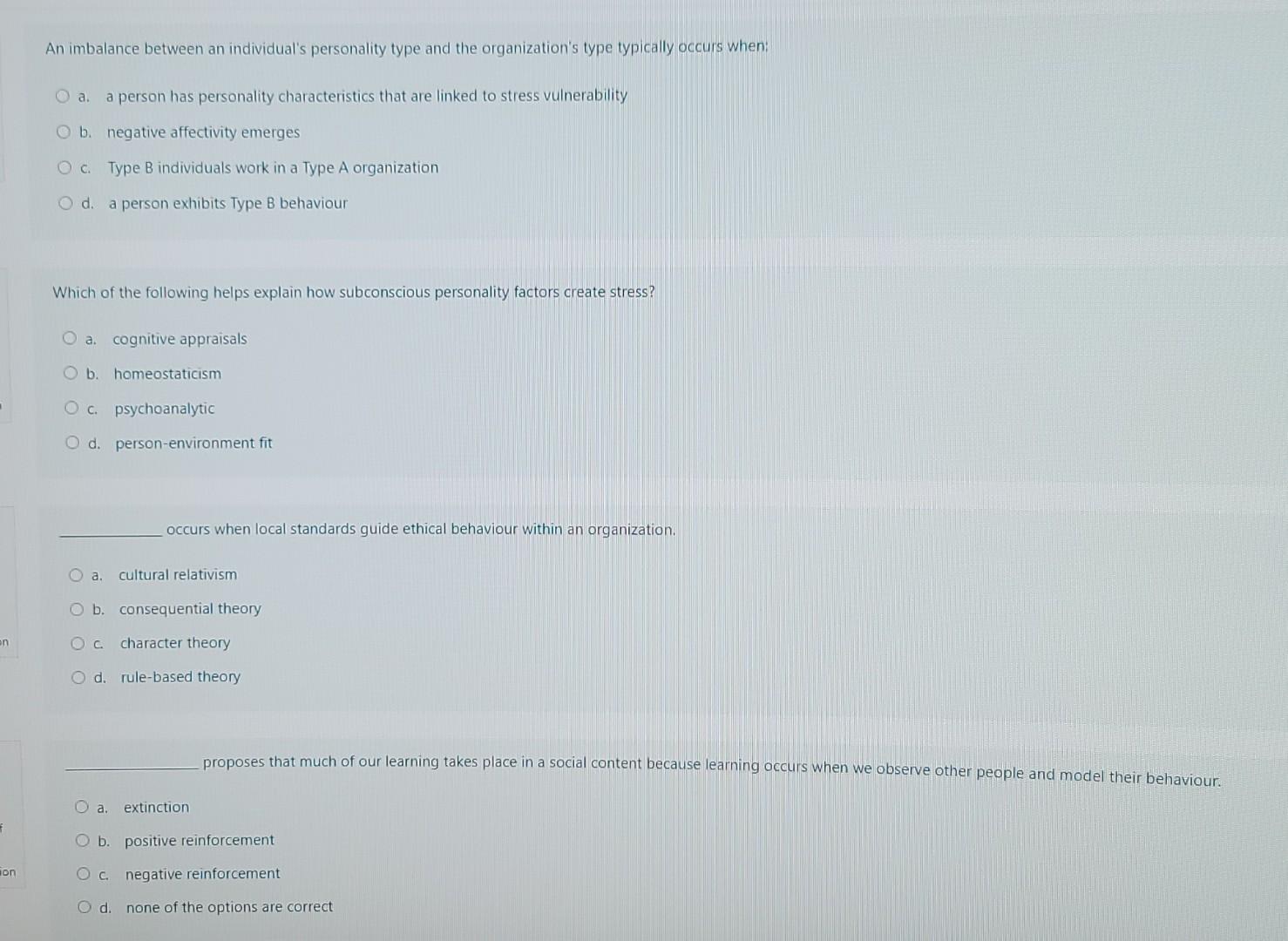 An imbalance between an individual's personality